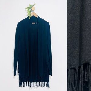 Repeat Black Cotton Blend Open Front Fringe Boho Cardigan Sweater